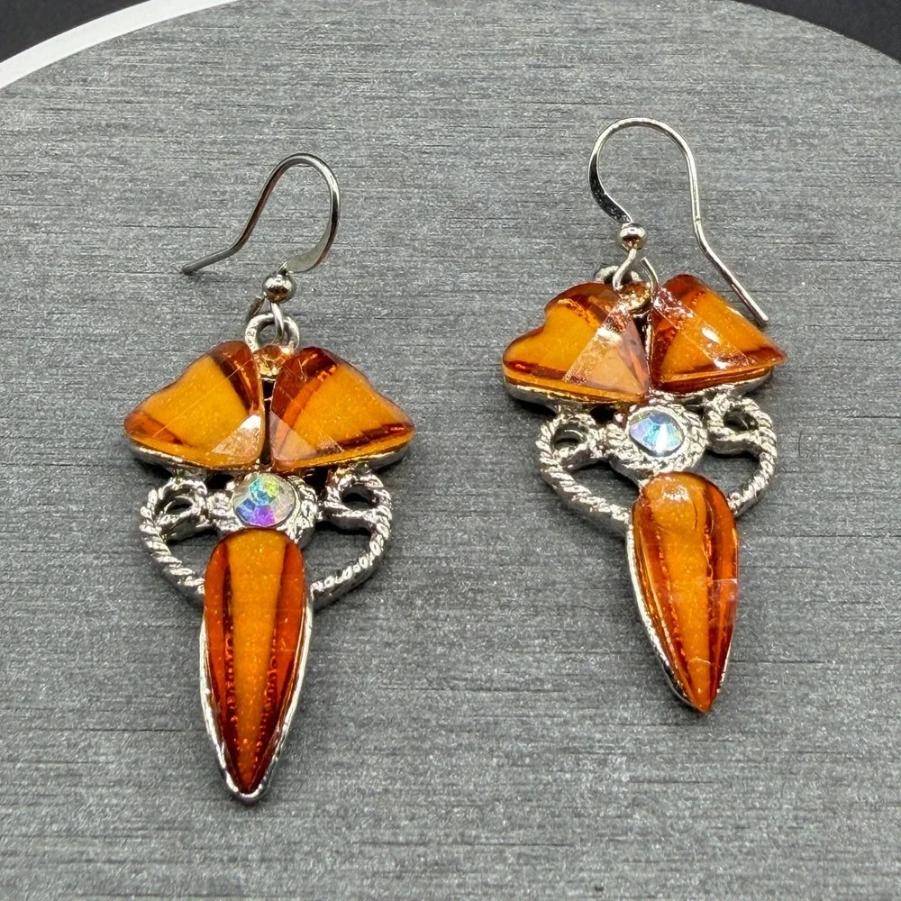 Orange Crystal Rhinestone Silver Tone Dangle Earrings Statement Boho Festival